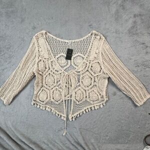NWT Womens Crochet Cardigan Beige Boho Open Knit Tie Front Pom Pom XL Fever